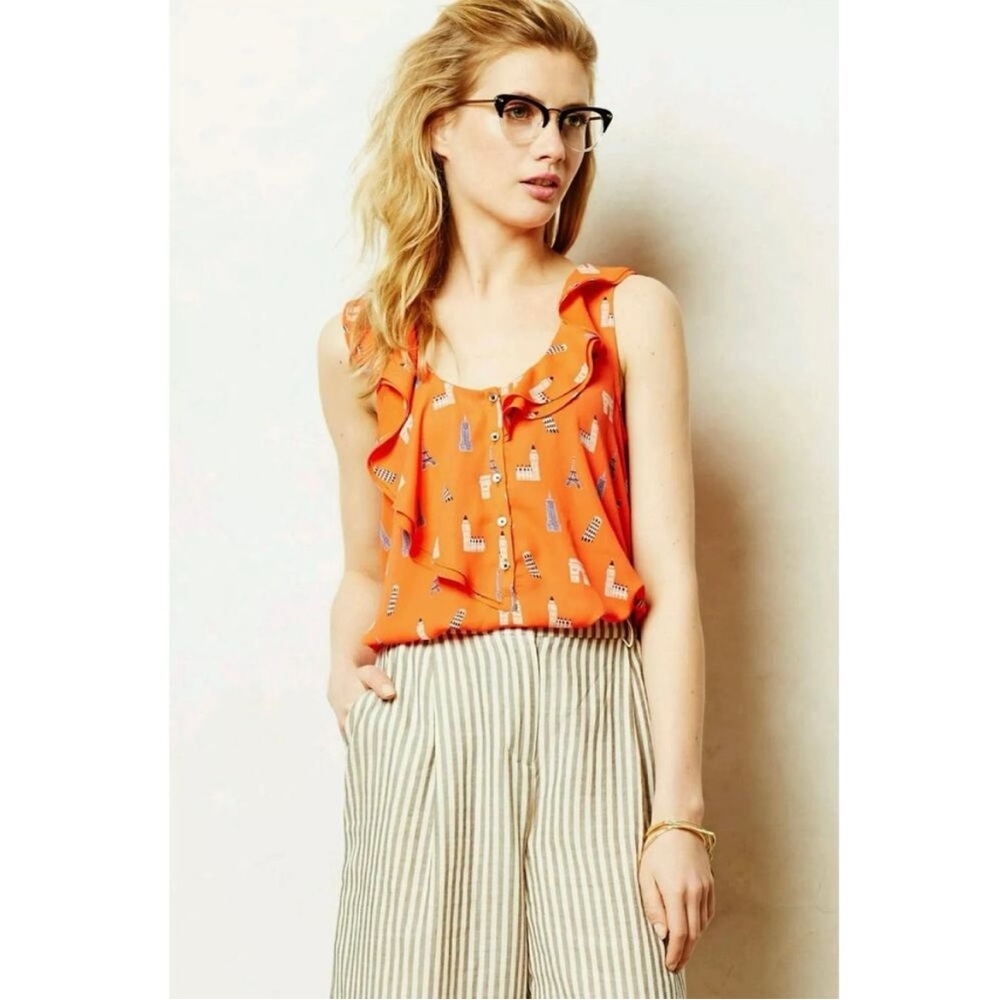 Maeve Vibrant Orange Aurielle Landmarks Sleeveless Blouse SZ 14